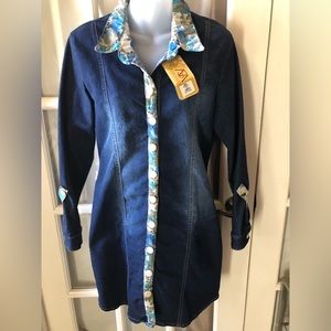 Women’s denim long sleeve bodycon dress with floral collar and floral details